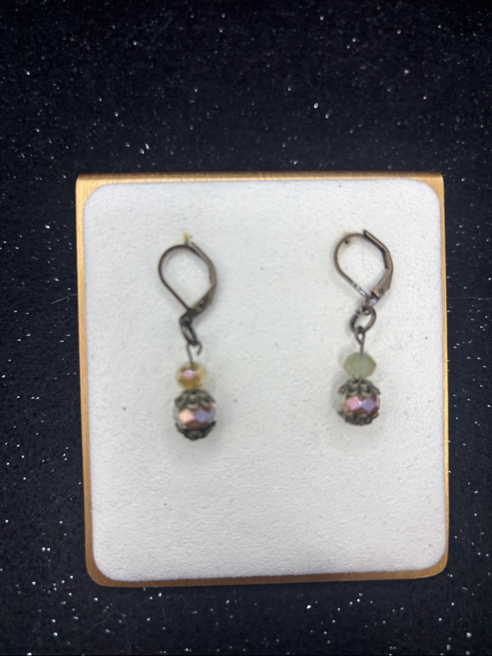Antique Gold Green & Amber Beaded Dangle Earrings - Picture 4 of 4